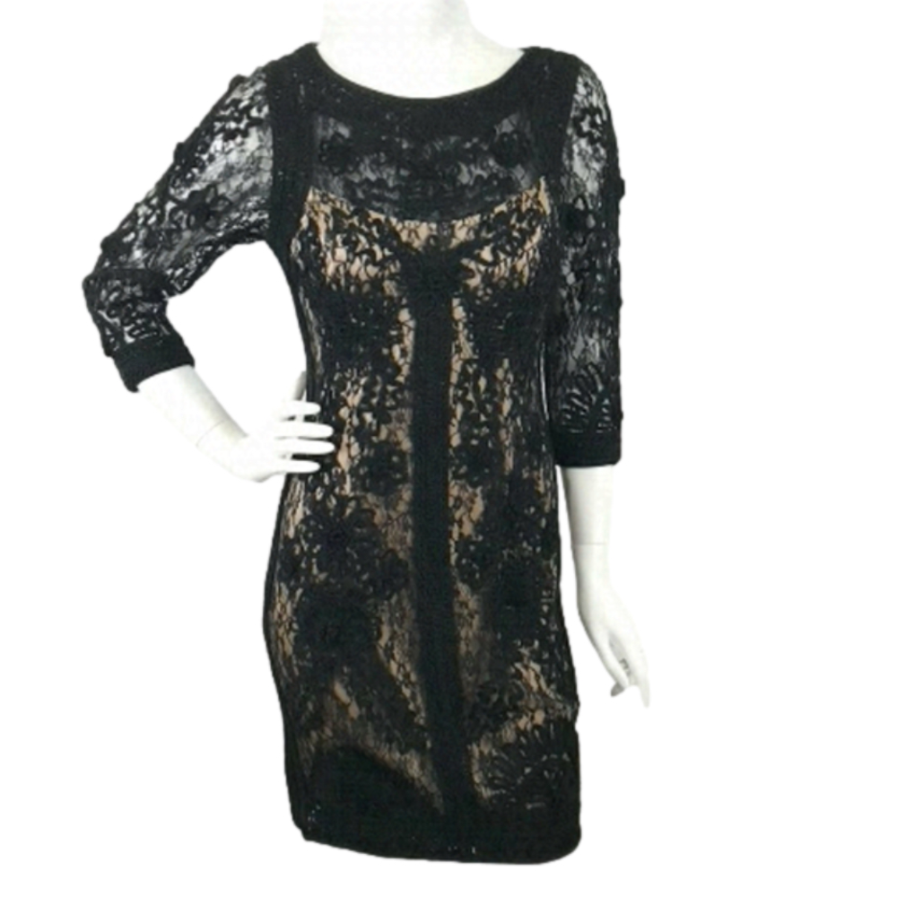 Sue Wong Black Lace Dress with Beige Lining